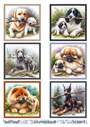  Hunde og hundehvalpe med pind, 3D ark - Barto Design