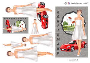  Konfirmations pige med rød sportsvogn i baggrunden, 3D ark - HM Design 