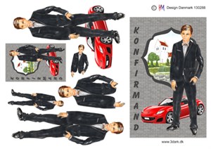  Konfirmations dreng med rød sportsvogn i baggrunden, 3D ark - HM Design 