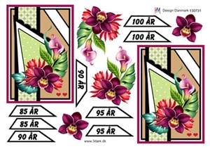 Fødselsdagskort 85 - 100 år, rød blomster, 3D ark - HM Design