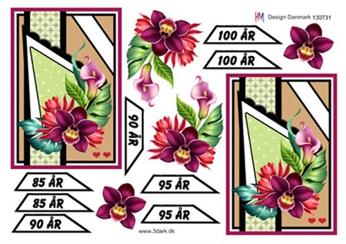 Fødselsdagskort 85 - 100 år, rød blomster, 3D ark - HM Design