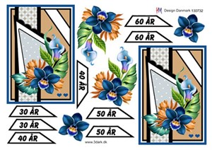 Fødselsdagskort 30 - 60 år, blå blomster, 3D ark - HM Design
