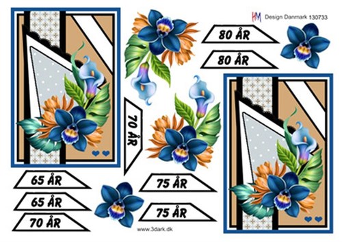 Fødselsdagskort 65 - 80 år, blå blomster, 3D ark - HM Design