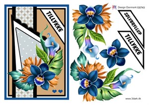 Stor sølvbryllupskort, blå blomster, 3D ark - HM Design, 