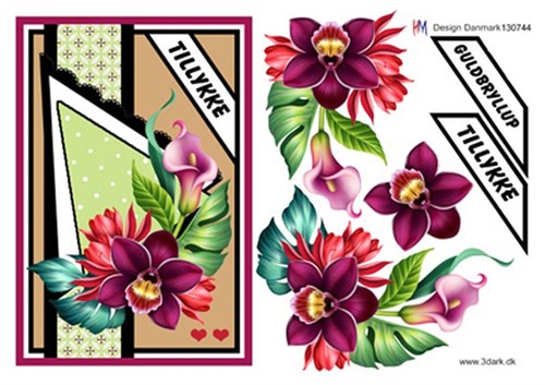 Stor guldbryllupskort, røde blomster, 3D ark - HM Design, 