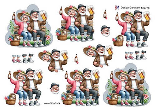 Ældre par på bænk med øl, 3D ark - HM Design