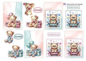 Små kort med bamse og kat, 3D ark - HM Design