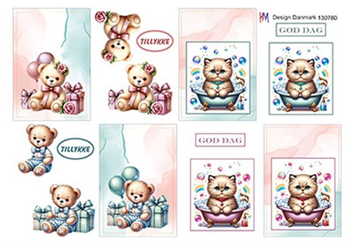 Små kort med bamse og kat, 3D ark - HM Design