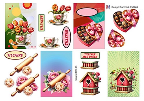 Små kort med blomster, chokolade og fuglehus, 3D ark - HM Design