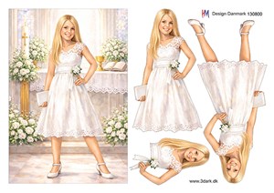 Konfirmationspige i kirke, stort kort, 3d-ark HM Design.