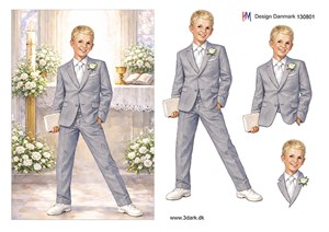 Konfirmationsdreng i kirke, stort kort, stort kort, 3d-ark HM Design.