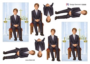 Konfirmationsdreng på stol i kirke, 3d-ark HM Design.