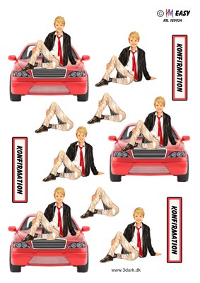 Konfirmations dreng på køleren af en rød bil, 3D ark - HM Easy