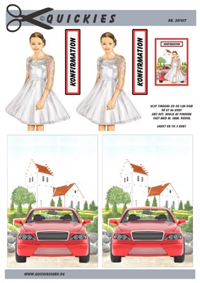Konfirmations pige ved rød bil og kirke, 3D ark - Quickies