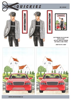 Konfirmations dreng ved rød bil og kirke, 3D ark - Quickies