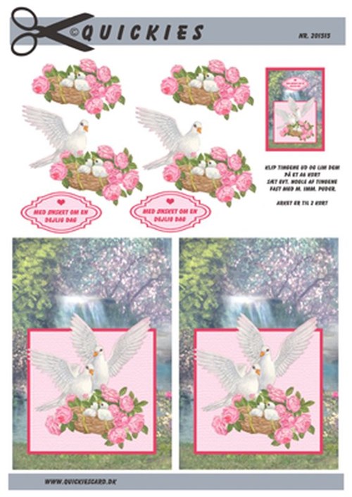  Hvide duer ved rede og blomster, 3D ark - Quickies