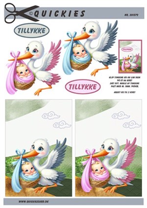 Stork med baby dreng og baby pige, 3D ark - Quickies 
