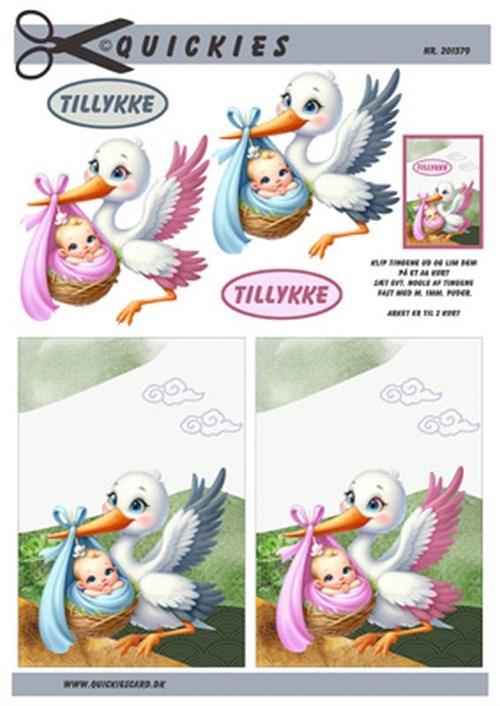 Stork med baby dreng og baby pige, 3D ark - Quickies 