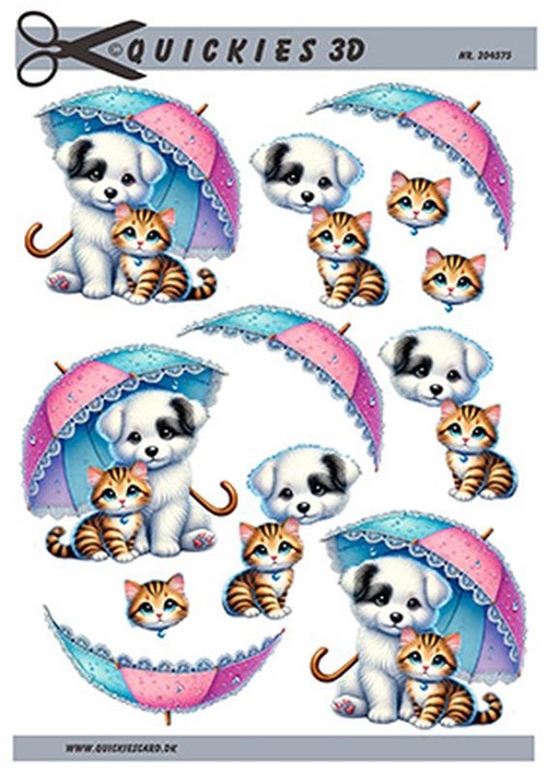 Hundehvalp og killing under paraply, 3D ark - Quickies