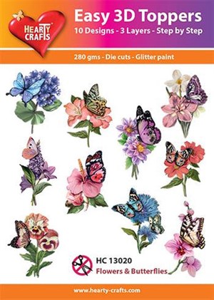 Blomster og sommerfugl, 3d-motiver udstanset med glimmer fra Easy toppers 