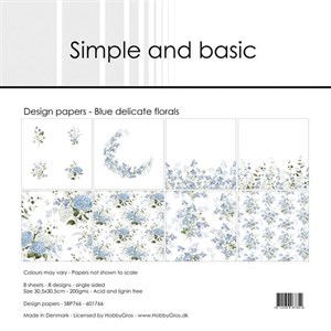  Scrapbooking pakning, Blå, delikate blomster, 8 ark, Simple and basic. 